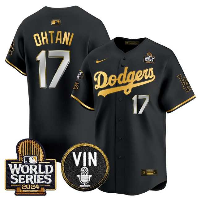 Men%27s Los Angeles Dodgers #17 Shohei Ohtani Black Gold 2024 World Series Vin & Kobe Patch Limited Stitched Baseball Jersey